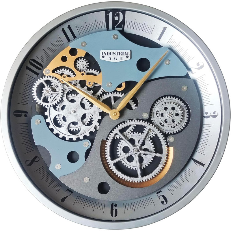 Horloge murale industrielle avec engrenages mobiles Steampunk, Argent / bleu