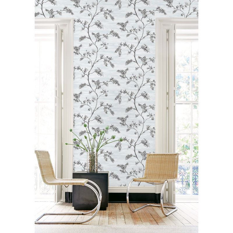 Papier peint floral Botalla, Bleu délavé / gris anthracite