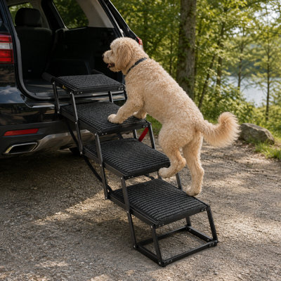 Escalier pliable pour chien en acier au carbone noir à quatre marches avec trois hauteurs réglables, larges marches antidérapantes, capacité de 90 kg, conception portable pour grands chiens, voitures, VUS, camions, lits hauts et canapés.