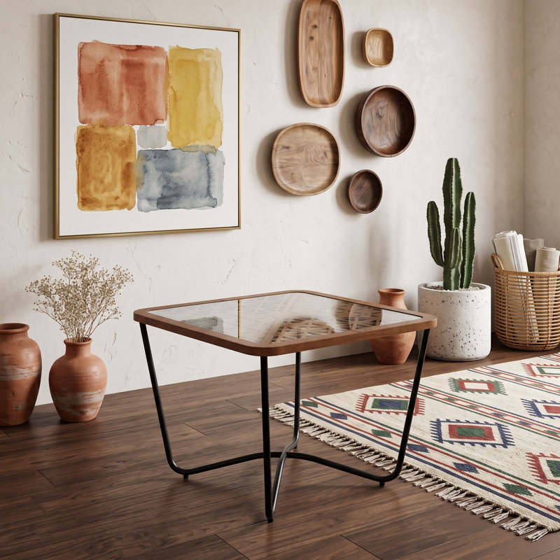 Table basse moderne carrée avec plateau en verre trempé
