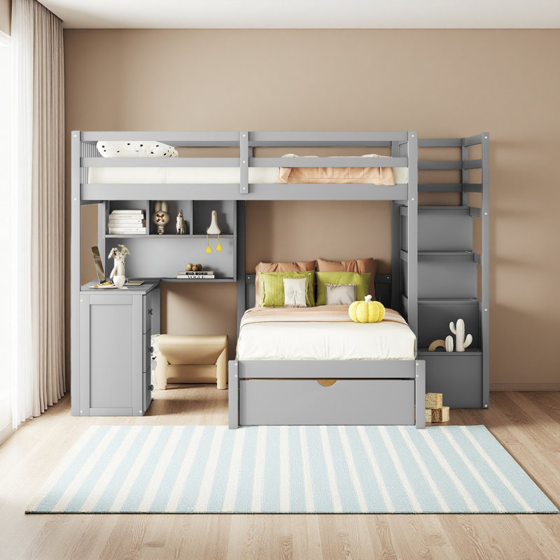 Lit superposé double au-dessus de simple avec garde-robe et tiroirs, Gris