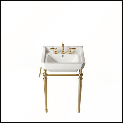Wall-Mounted White Ceramic Bathroom Console Sink with 3 Pre-drilled Faucet Holes and Towel Bar, Gold Support Legs,No Faucet & Sink Cover