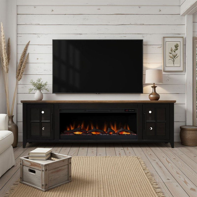 Meuble télé avec foyer 83 pouces Providence, 26"H x 83"L x 17"W, Noir