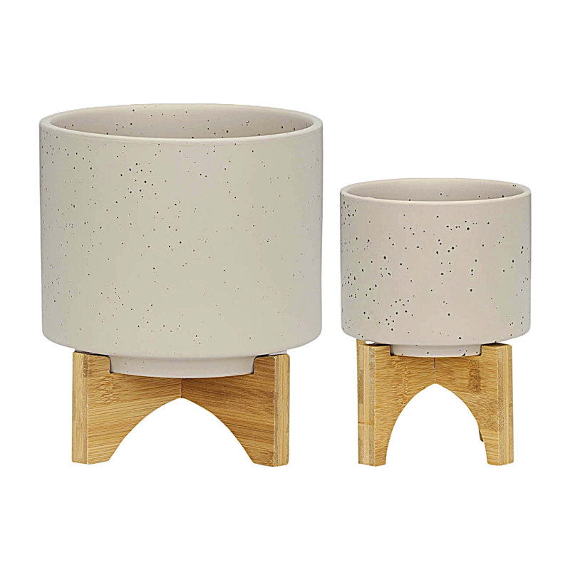 PLANTER W/ WOOD STAND,  unique planters, Beige