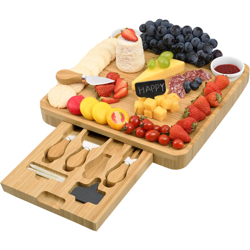 Bamboo Cheese Board Set with Hidden Knife Tray, Soapstone Chalk, and Serving Moat