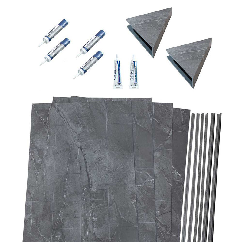 Cracked Slate Gray Vinyl Shower Surround Kit with Accessories