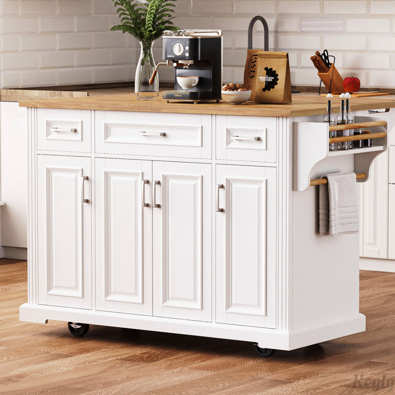 Rolling Kitchen Cart on 4 Wheels with Rubber Wood Drop Leaf, 4 Doors and 3 Drawers, White