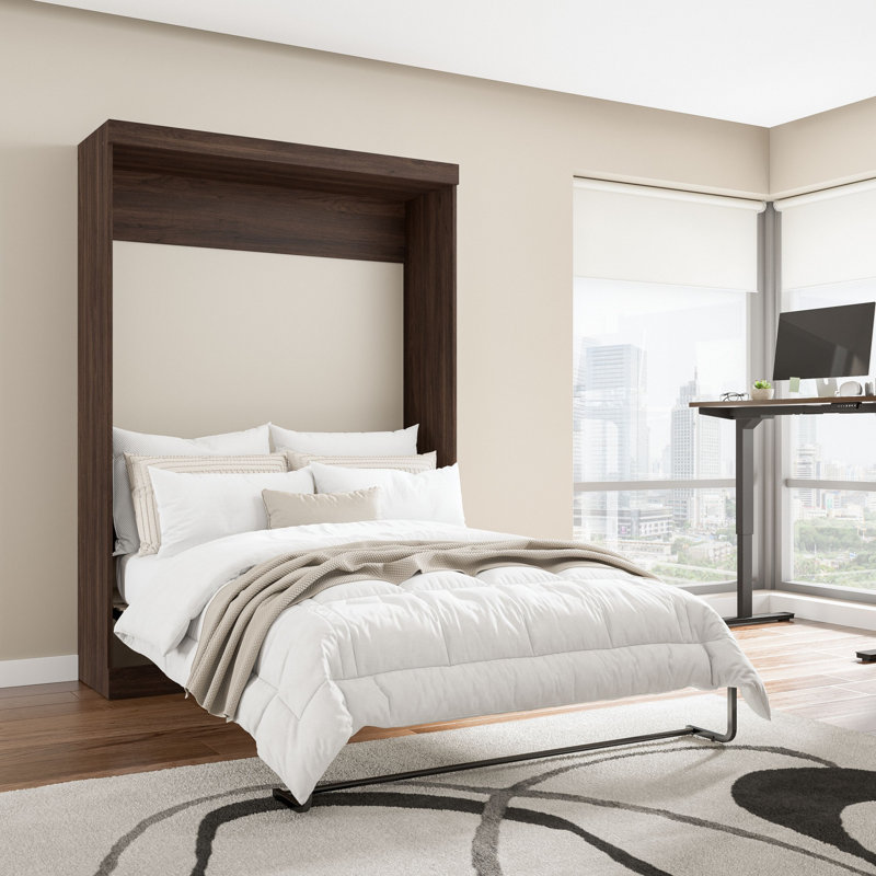 Lit escamotable mural peu encombrant Arlex pour chambre d'amis ou bureau personnel, Double, Noir noyer