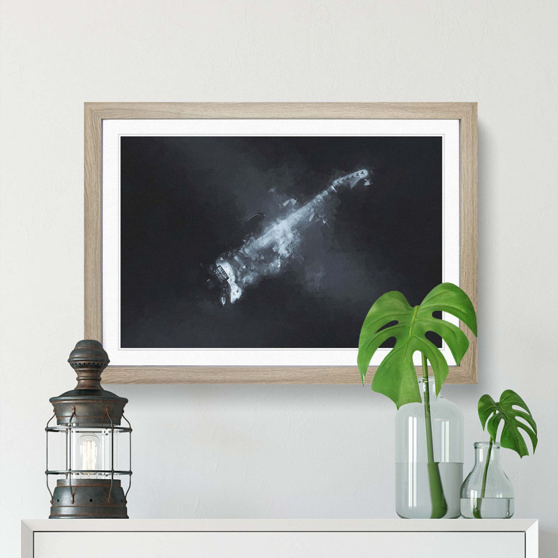 Smokey Electric Guitar in Abstract - Picture Frame Painting Print, 62cm H x 87cm W x 2cm D, Oak Framed