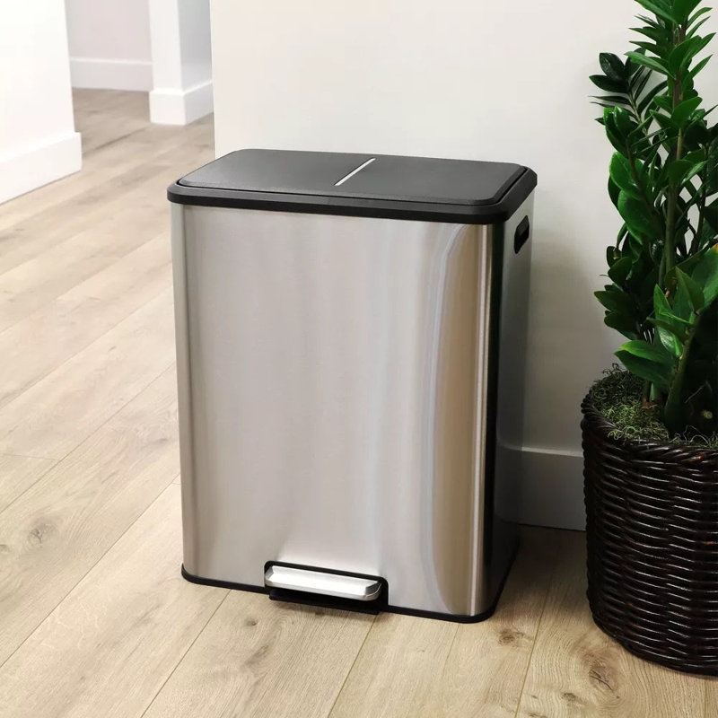 Bac à déchets 60 litres à double compartiment en acier inoxydable, couvercle à fermeture lente, recyclage / déchets