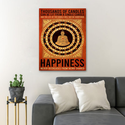 «Buddha On The Red Circle - Happiness Never Decruies From Being Common», reproduction d'art graphique sur toile tendue 1 pièce