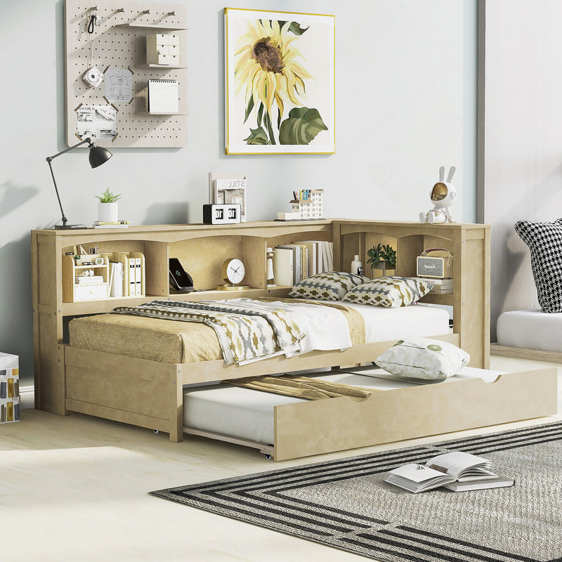 Lit de jour avec couchette, ports USB et armoires de rangement, Bois