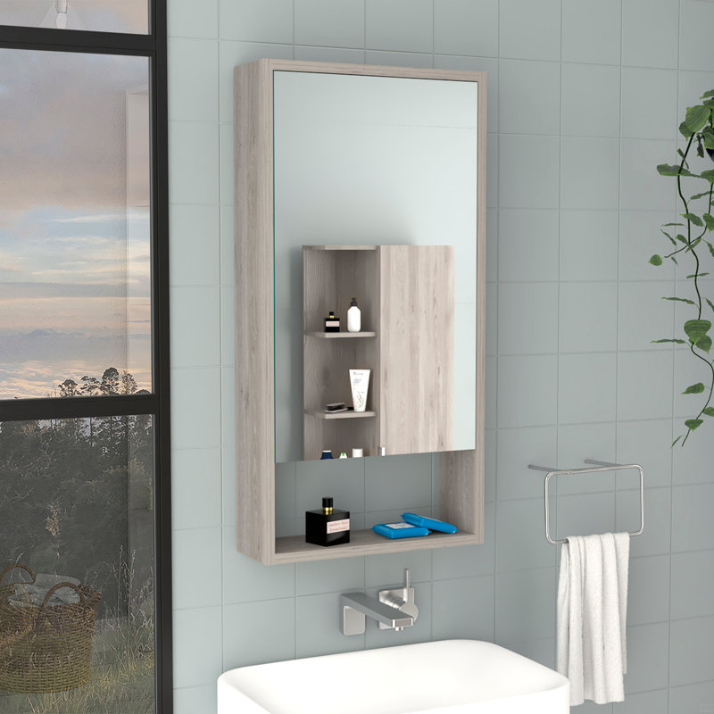 Armoire à pharmacie à porte simple H 35 po, deux tablettes intérieures, une tablette extérieure, Gris