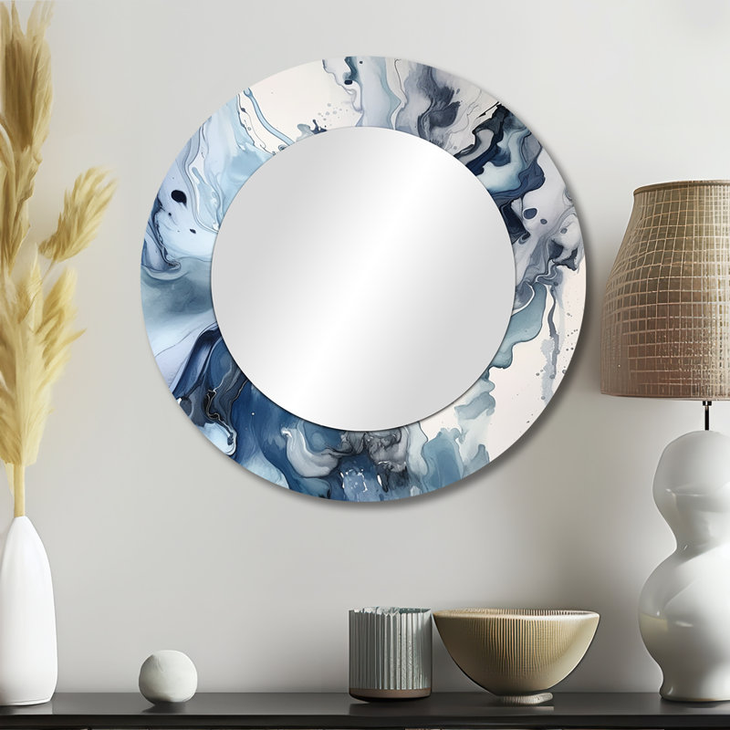 Blue and Grey Ethereal Elixir II - Abstract Decorative Mirror, Modern Round Wall Mirror, Printed Metal Art, 23" x 23"
