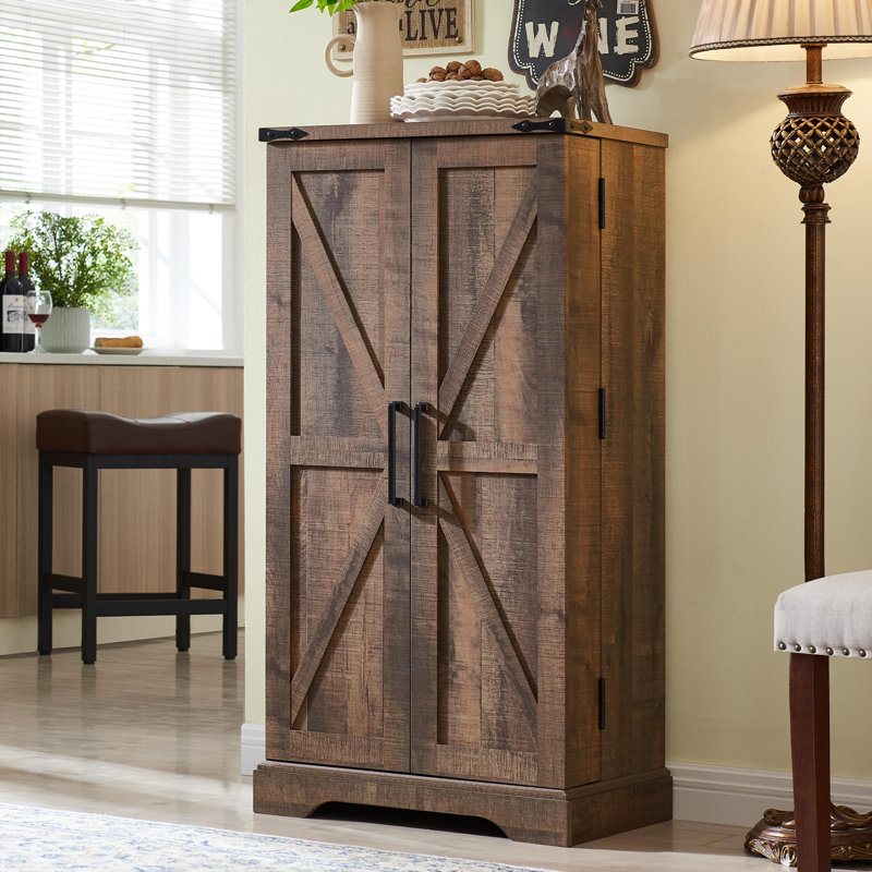 Farmhouse Kitchen Pantry with 10 Door Shelves ,Wood Storage Pantry Cabinet with Magnetic Barn Doors & Adjustable Shelves