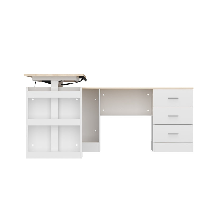 Cyril 63 W L-Shaped Lift Desk, White/Natural