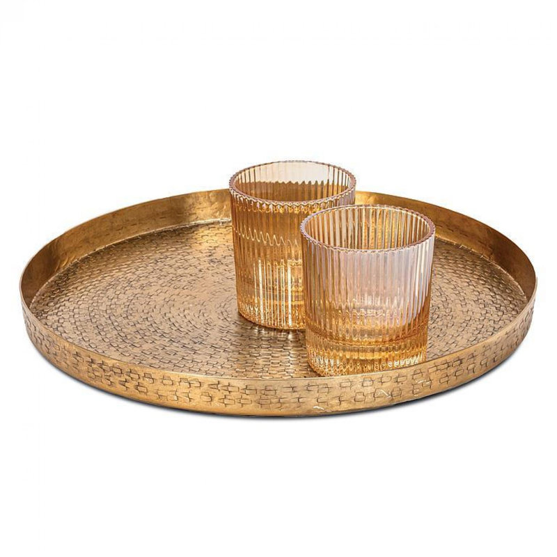 Antique Gold Hammered With Edge Round Tray