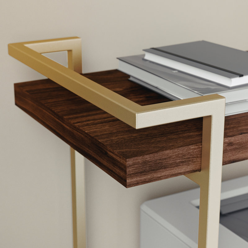 Walnut and Brass 2-Tier Mobile Office Printer Cart with Side Storage