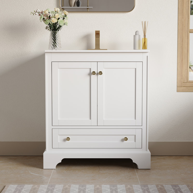 Meuble-lavabo moderne en bois massif l 30 po x H 34,1 po, lavabo en céramique Cupc et poignées en aluminium doré, charnières à fermeture en douceur DTC