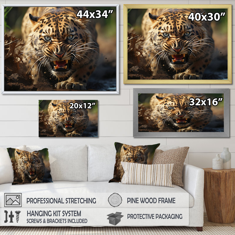 «Leopard Wildlife Encounters», reproduction sur toile, Encadrement doré, H 34 po x l 44 po x P 1,5 po
