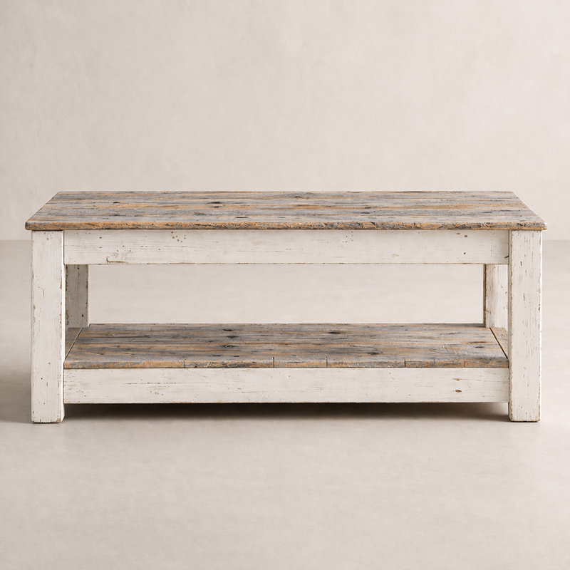 Table basse de 40 po en bois récupéré avec tablette | Table de cocktail rustique | Bois massif, entièrement assemblé, Blanc