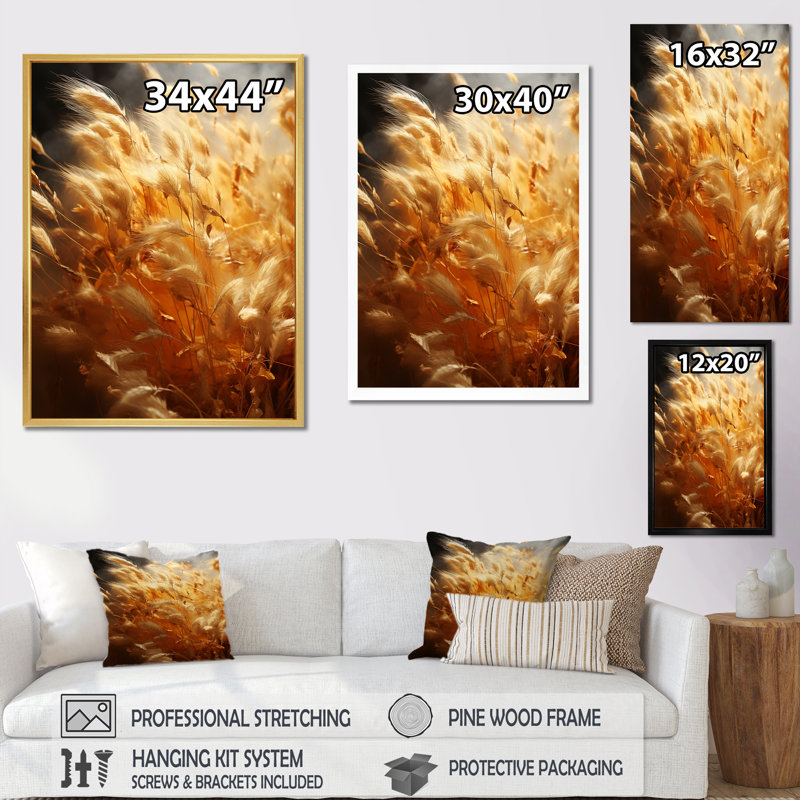 Golden Meadow Grass I, reproduction d'art sur toile, Cadre simple argenté, H 32 po x l 24 po x P 1 po