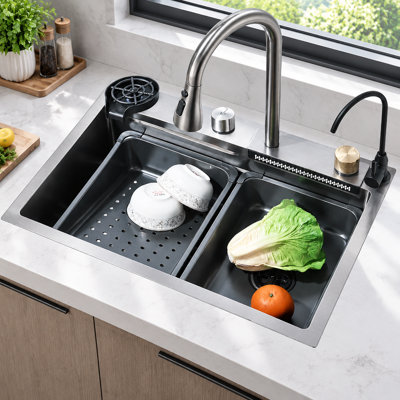 Gunmetal Gray Waterfall-Style Kitchen Sink (23.62 × 18.11 inches), Portable Stainless Steel Single-Bowl Drop-in Sink with  Cup Washer & Full Accessories Set