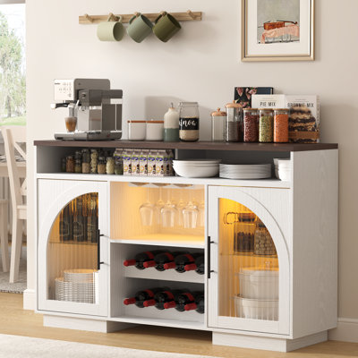 Sideboard Buffet Cabinet, 54" Kitchen Cabinet With Led Lights & Arched Glass Doors, Tall Bar Cabinets With Adjustable Shelves, Wine Rack & Storage Table For Dining Room
