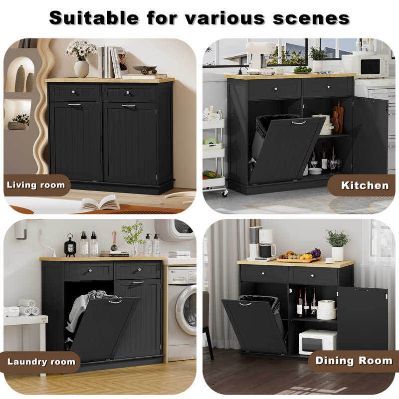 13 Gallon Tilt Out Trash Can Cabinet with Charging Station, Freestanding Hidden Garbage Can Cabinet with Adjustable Shelf, Wooden Cabinet for Kitchen and Laundry Hamper