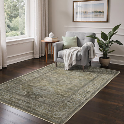 Tapis oriental sauge / gris lavable à la machine avec envers antidérapant