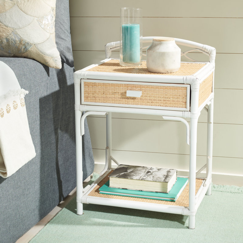 Coastal Blume Rattan Nightstand – Modern 18.5'' W Bedside Table with Drawer, Shelf & Woven Accents, White/Natural