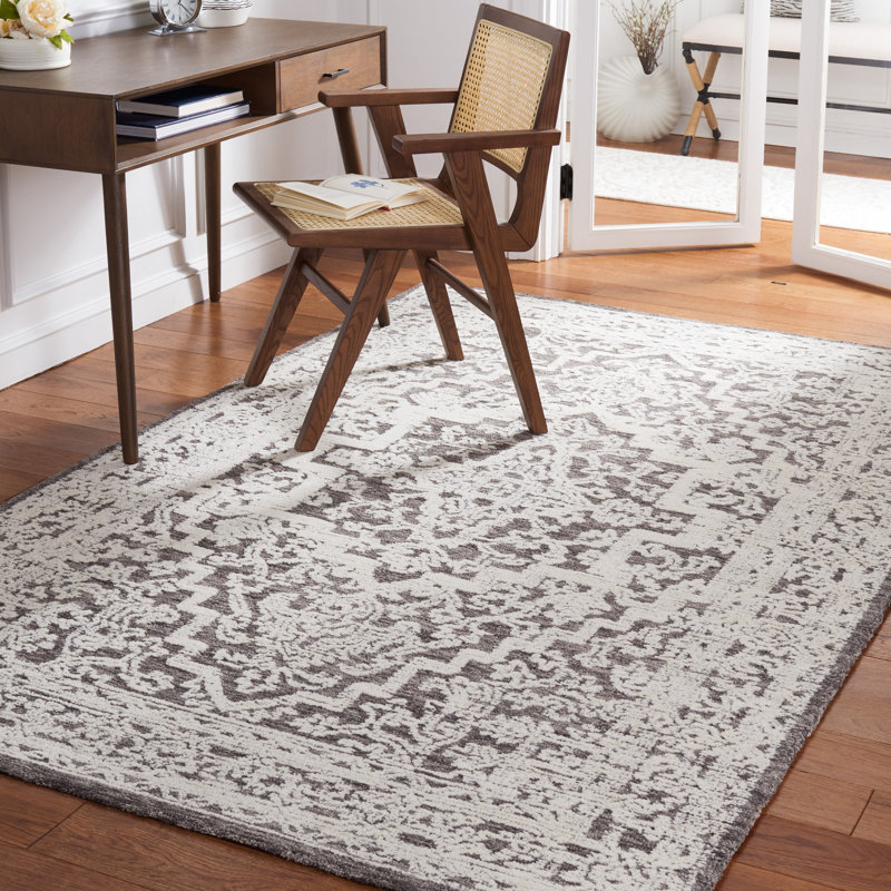 Roslyn Hand Tufted Wool/Cotton Oriental Rug in Dark Gray/Ivory, Rectangle 6' x 9'