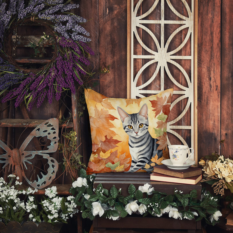American Shorthair Cat in Fall Leaves Throw Pillow, Square 14"