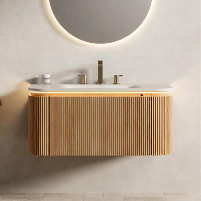 30 Floating Bathroom Vanity with Sintered Stone Integrated Basin LED Sensor Light Striped Drawer Cabinet and SoftClose Drawer