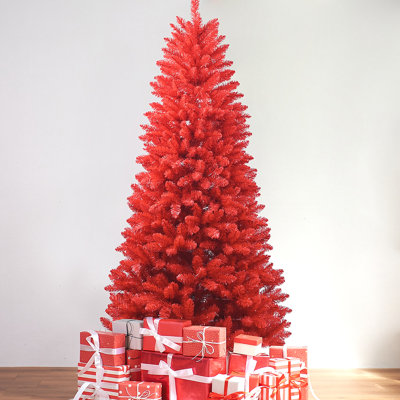 Red Christmas Tree – Pure Red PVC Tree With 1066 Tips, Hinged Branches For Easy Setup, Stable Metal Stand, Bold Holiday Decoration