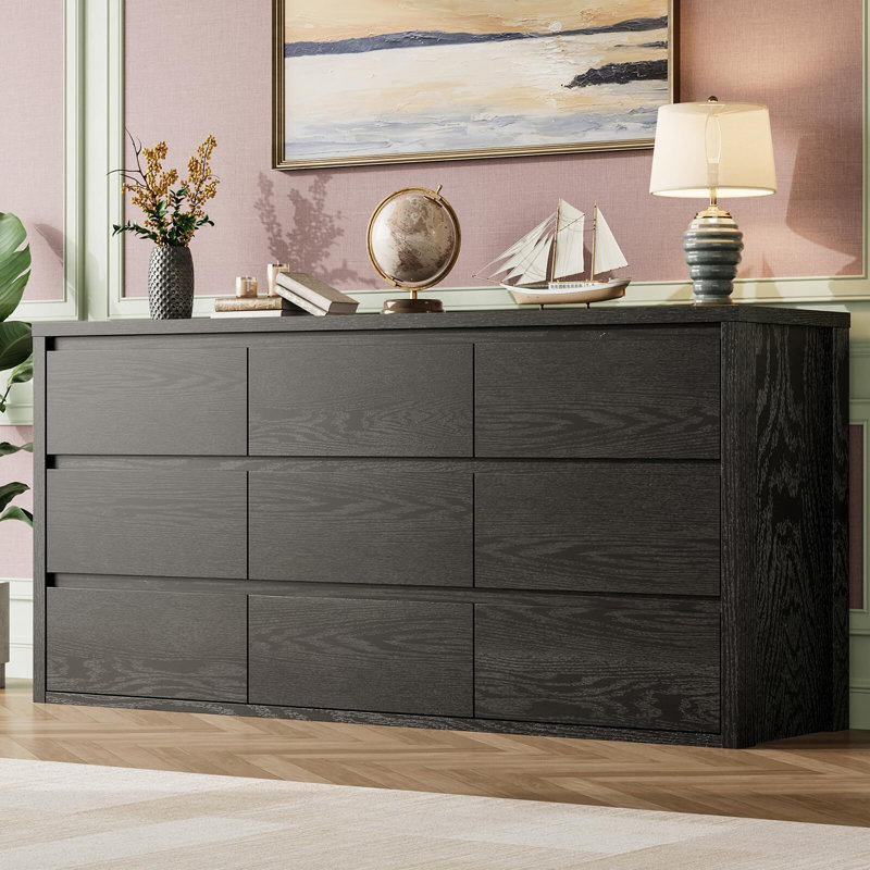 Commode 9 tiroirs pour la chambre à coucher, grande commode moderne, grande commode en bois pour le salon, Noir