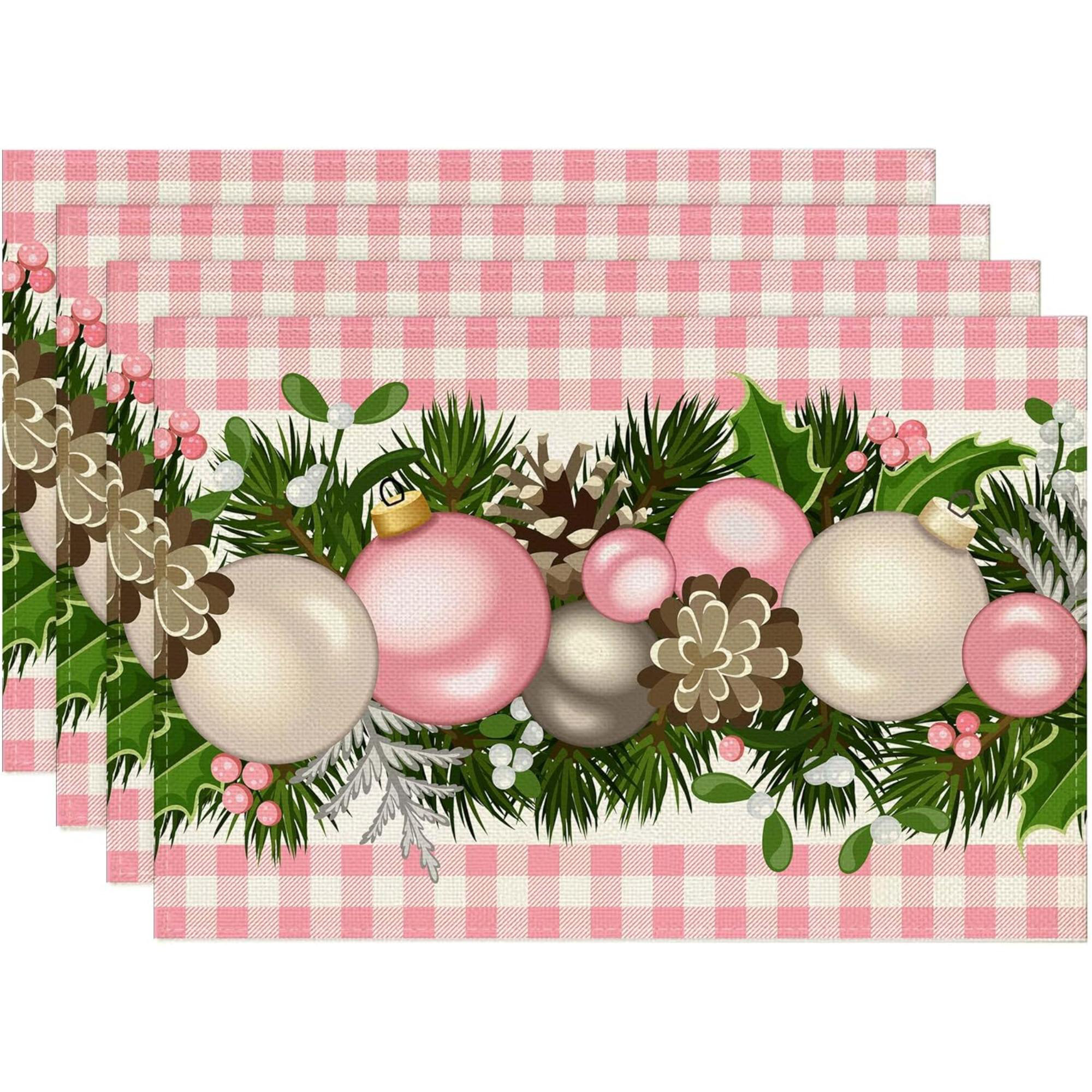 The Holiday Aisle® Linen Pink And White Buffalo Check Plaid Christmas Placemats Set Of 4 Farmhouse Winter Christmas Xmas Holiday Home Kitchen Table Decorations | Wayfair