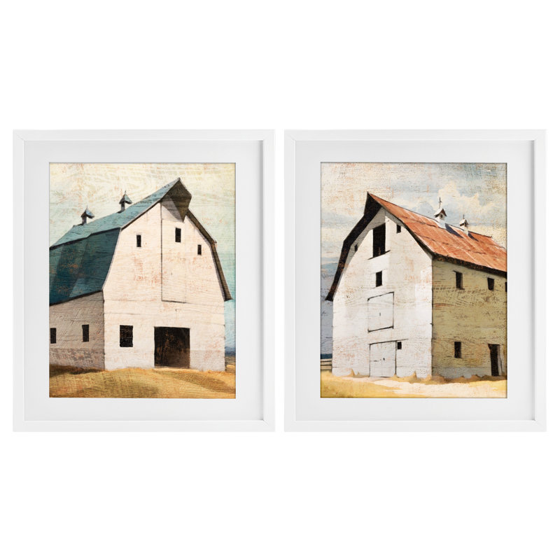 Rustic Big Barns, ensemble de 2 reproductions encadrées sous verre, par Susan Jill, H 16 po x l 13 po, Cadre blanc côtier