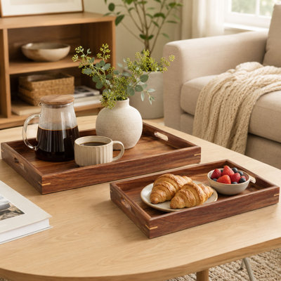 Acacia Wood Decorative Trays Set of 2, Rectangular Trays with Handles, Serving Tray Set