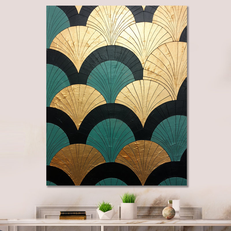 Emerald and Golden Arches - Formes abstraites, art mural pour le salon, H 32 po x l 16 po x P 1 po, Toile tendue