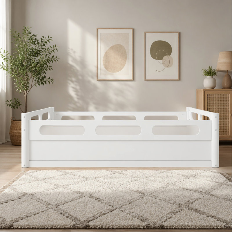 Lit plateforme double pleine grandeur avec garde-corps pleine longueur, base de lit double à profil bas, sans sommier tapissier, blanc