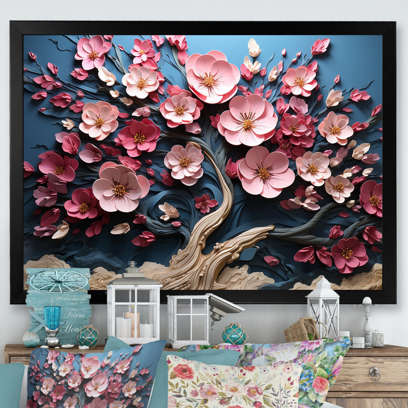 Arbre blanc dynamique et pétales roses I - arbre, art mural, H 30 po x l 40 po x P 1,5 po, Cadre d'angle fermé noir