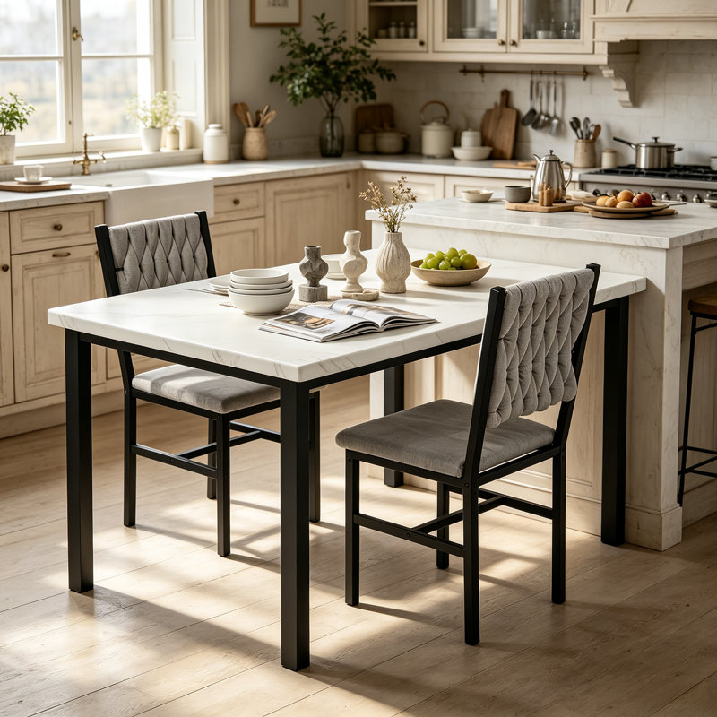 Ensemble de table et chaises de salle à manger 3 pièces, ensemble de table de cuisine en faux marbre avec 2 chaises rembourrées en velours, ensemble de 2 petites tables rectangulaires pour 2 personnes