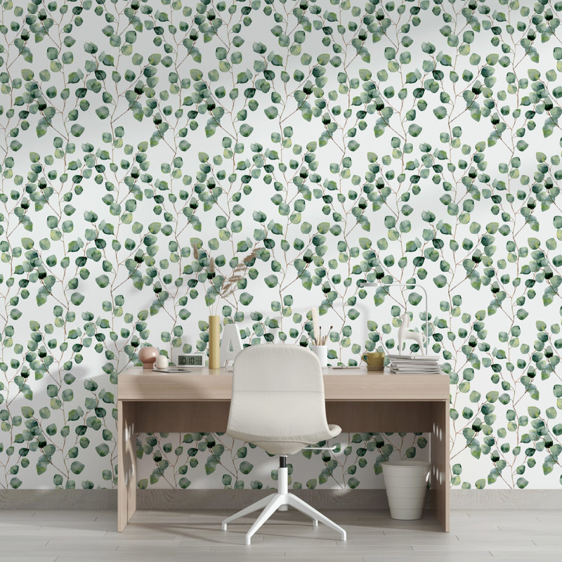 Papier peint adhésif vert avec feuilles d'eucalyptus vert, l 24 po x L 50 po