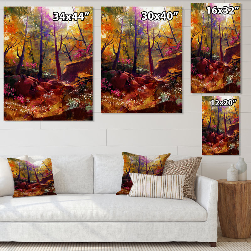 «Beautiful Autumn Forest with Sunlight», peinture sur toile, H 44 po x l 34 po, Toile tendue