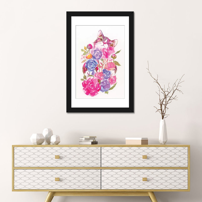 « floral », impression sur toile tendue, Papier d'art encadré noir, H 24 po x l 16 po x P 1 po, Blanc
