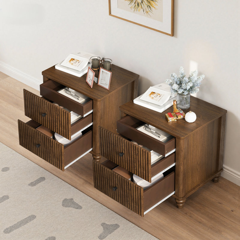 Fluted Nightstand 2-Piece Set, 21.65" Wide Side Table With 3 Drawers, Mid Century Modern Wood Nightstand With Metal Handle, Wooden Bedside End Table For Bedroom, Living Room, Closet