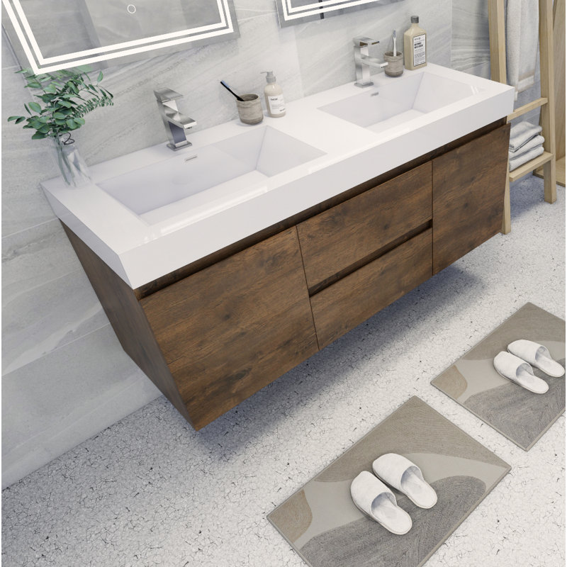 Ensemble de meuble-lavabo double mural 60 po Hartt, Bois de rose