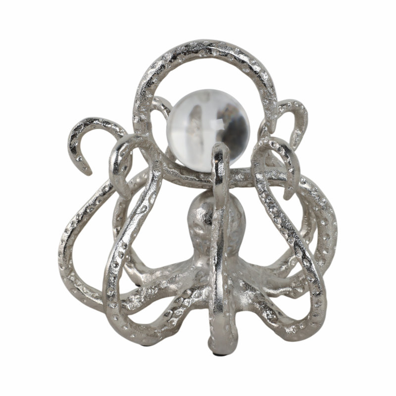 Caetlin Figurine Metal Glass Aluminum Acrylic Octopus Design Metallic Coastal Style for Home Office Bedroom Living Room Decor - 8" Silver
