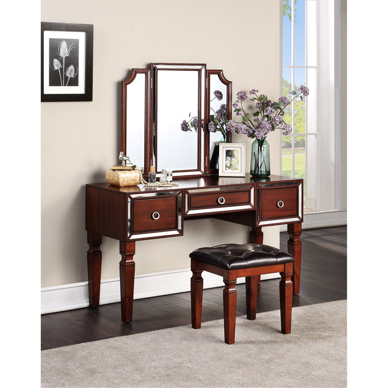 Meuble-lavabo couleur cerise avec tabouret - Mobilier de chambre à coucher 3 tiroirs de rangement et miroir, Cerisier